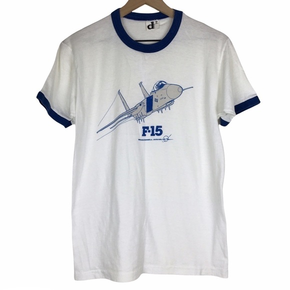 VINTAGE Ringer T Shirt 80s Graphic McDonnell Douglas F-15 Downerwear Retro XL - Picture 1 of 11